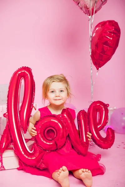 Portrait Three Year Old Girl Pink Dress Pink Background Gifts — Fotografia de Stock