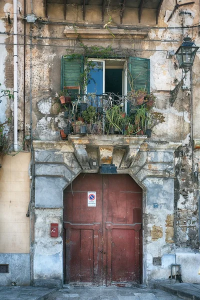 Balcón vintage con diferentes flores, yeso agrietado y puertas de madera, estilo mediterráneo —  Fotos de Stock