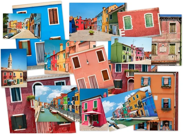 Bildcollage av bilder av färgglada byggnader på ön Burano, Venedig — Stockfoto