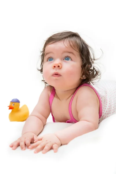 Beautiful baby girl with her favorite toy — Stock Photo, Image