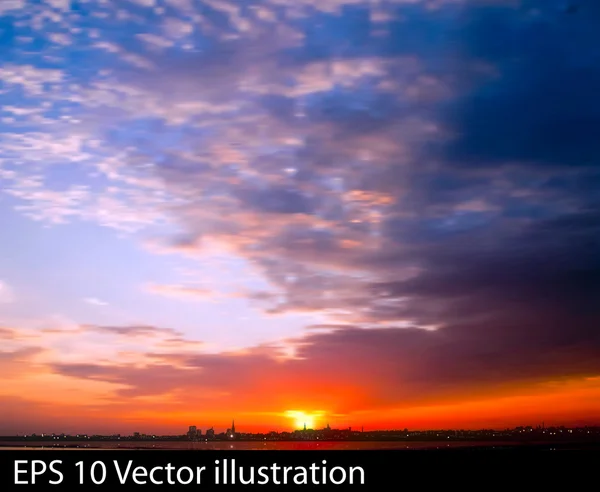 Abstracte aard achtergrond met zonsopgang en silhouet van stad — Stockvector