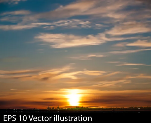 Abstracte aard achtergrond met zonsopgang en silhouet van stad — Stockvector