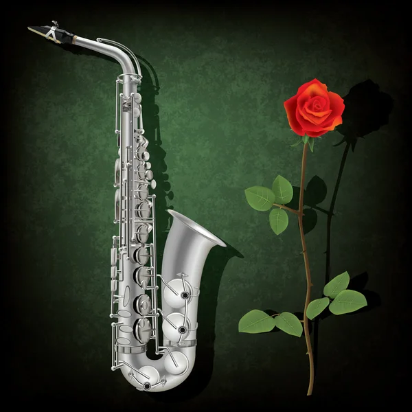 Абстрактный гранж фон с саксофоном и розой — стоковый вектор