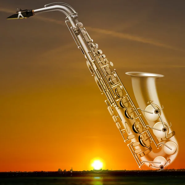 Abstrait fond de nuit avec ville et saxophone — Image vectorielle