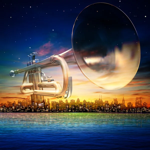 Silhouette New York ve trompet ile arka plan — Stok Vektör