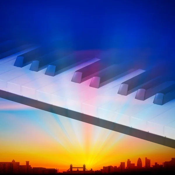 抽象的夜晚背景与城市和钢琴键 — 图库矢量图片