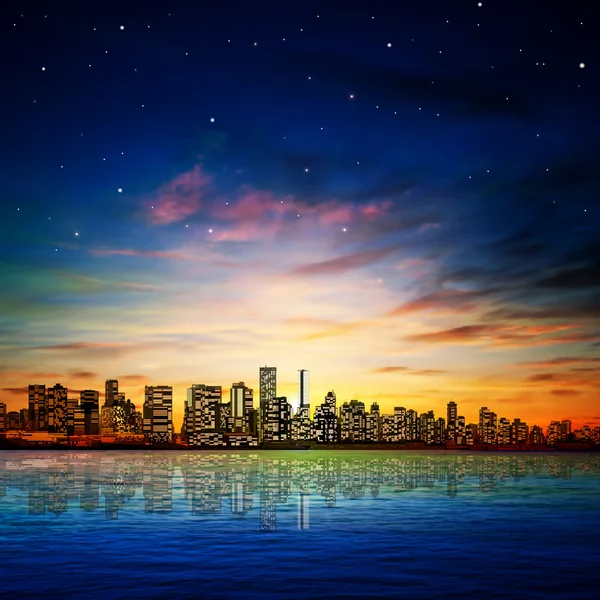 Abstrakter Hintergrund mit Panorama von Vancouver und Sonnenuntergang — Stockvektor