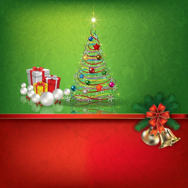 Grün-roter Gruß mit Weihnachtsdekoration — Stockvektor