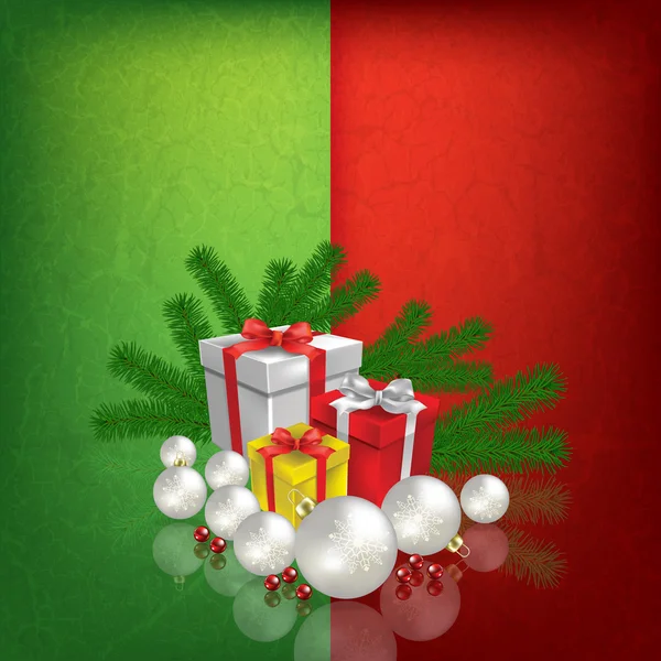 Saludo de celebración con regalos y decoraciones de Navidad — Vector de stock