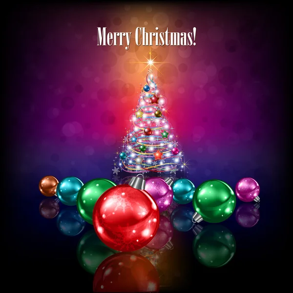 Saludo de celebración con árbol de Navidad y copos de nieve — Vector de stock