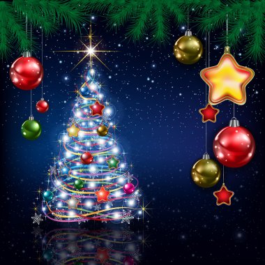 Noel ağacı ve kar taneleri ile kutlama tebrik