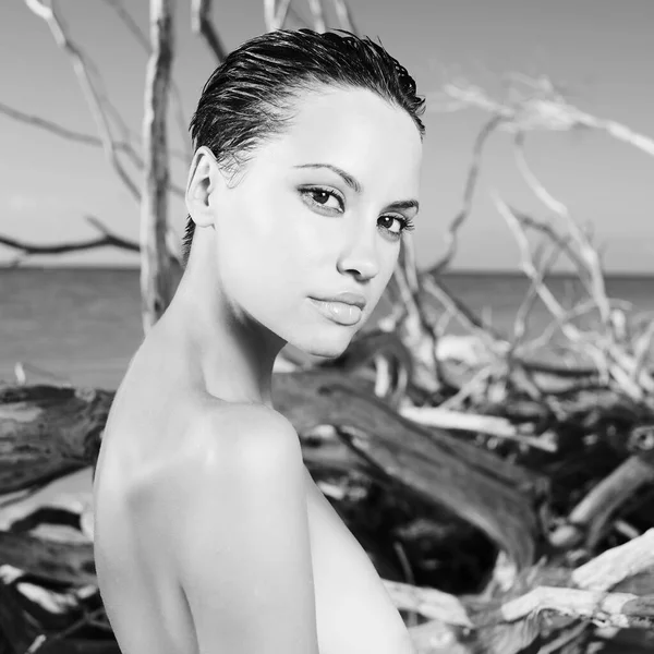 Mooie Naakte Vrouw Het Strand Met Drijfhout Reisfoto Van Exotische — Stockfoto