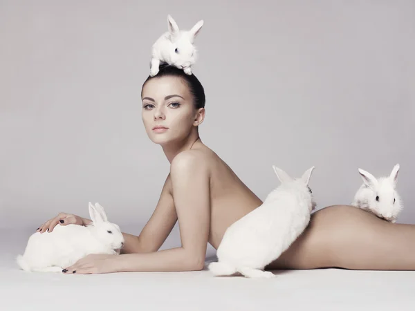 Beautiful woman with rabbit — Stock Photo, Image