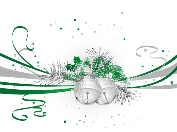 Fondo de Navidad verde con campanas de jingle de plata — Vector de stock