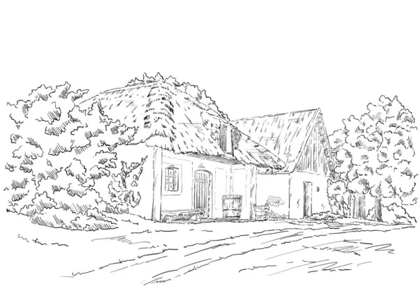 Vector Drawing Rural Landscape Old Village — Stock Vector