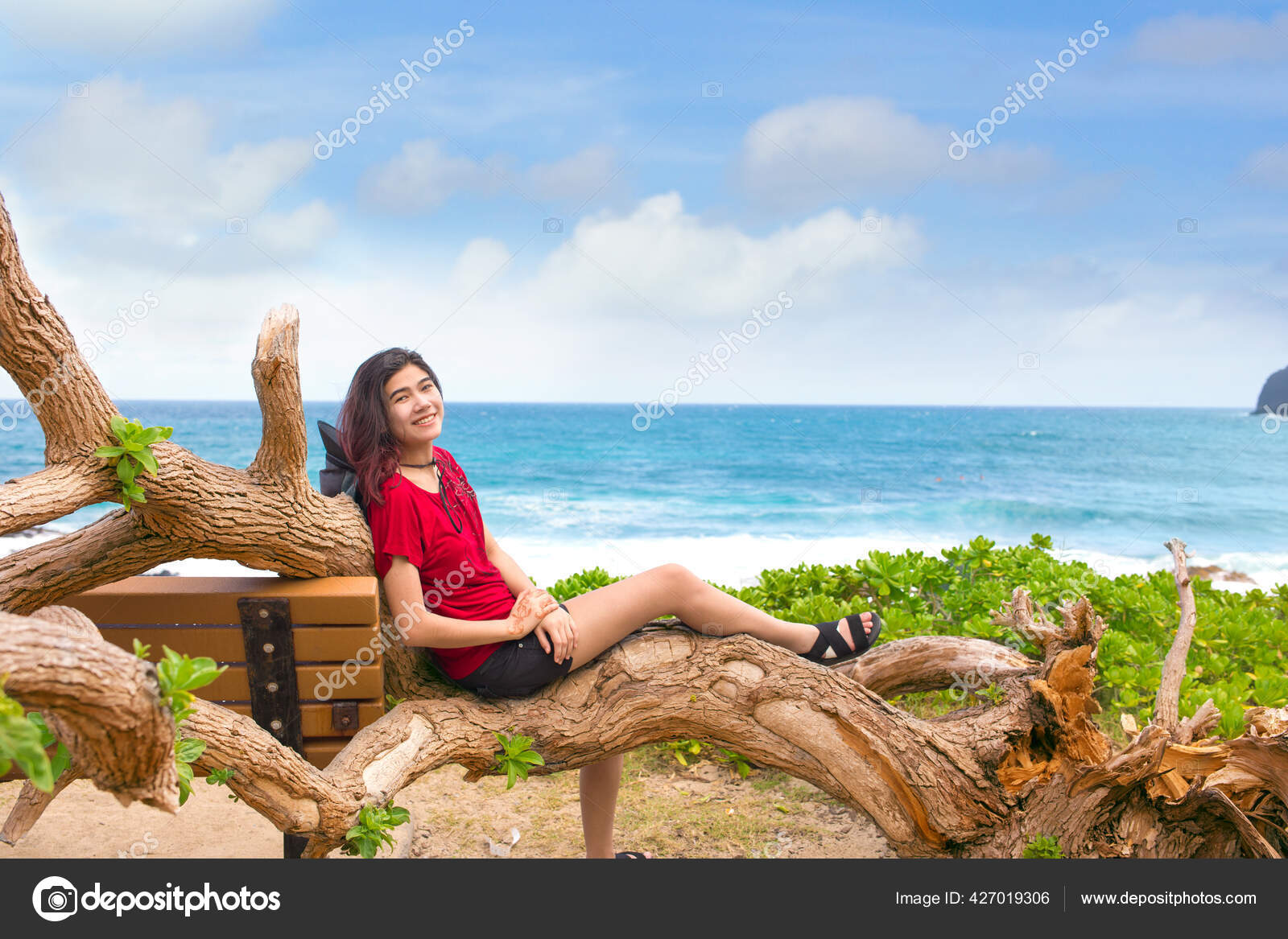 夏威夷瓦胡岛makapu U海滩公园一位年纪轻轻的亚洲白人少女坐在岩石沙滩上的锯齿状树枝上旁边是蓝色的热带海洋