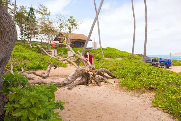 ハワイ州オアフ島のMakapu Uの海側のビーチパークで倒木の幹に座っている10代の女の子 — ストック写真