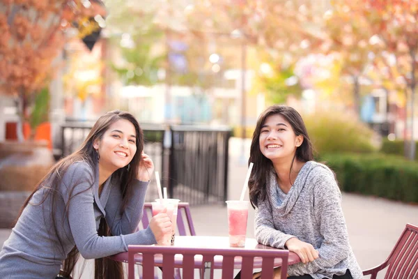 Two Biracial Teen Girls Young Women Sitting Together Drinking Boba Stock Picture