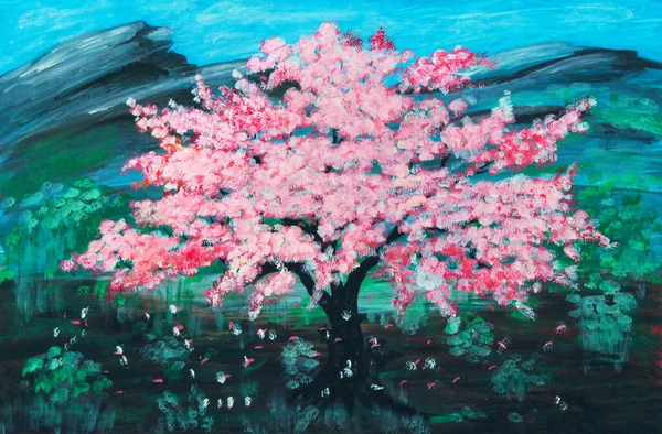 Pintura Óleo Sobre Tela Uma Árvore Cereja Sakura Rosa Plena — Fotografia de Stock