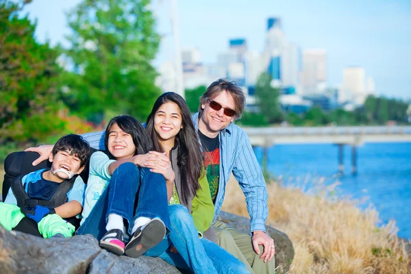 Ragazzo disabile in sedia a rotelle con la famiglia all'aperto nella giornata di sole, wi — Foto Stock