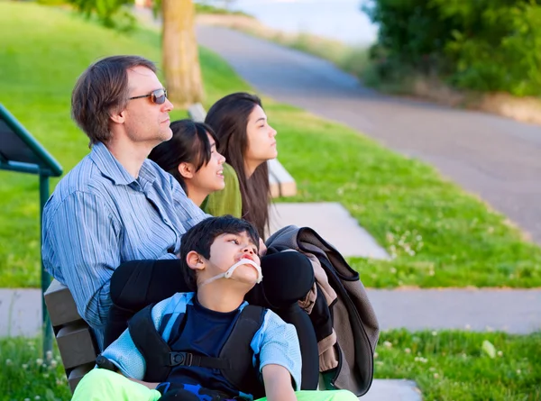 Ragazzo disabile in sedia a rotelle con la famiglia all'aperto nella giornata di sole sedersi — Foto Stock