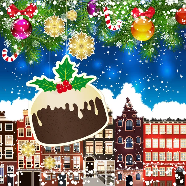 Budín de Navidad en el fondo de las calles cubiertas de nieve . — Vector de stock