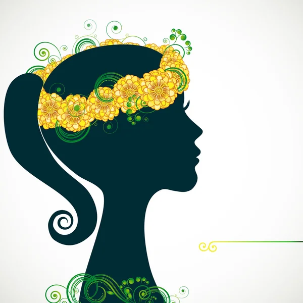 Sarı çiçek çelenk içinde güzel genç kadın profili — Stok Vektör