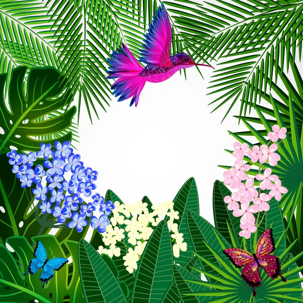 Floral design background. Tropical flowers, birds and butterflie — Stock Vector