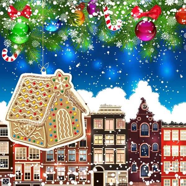 Gingerbread haus sur le fond des rues enneigées . — Image vectorielle