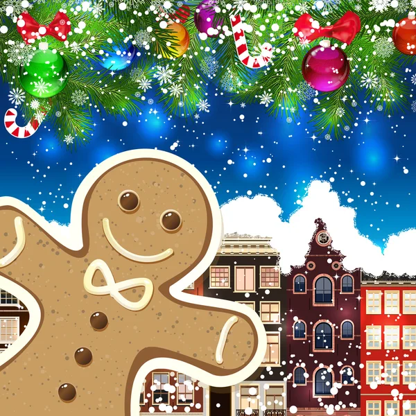 Gingerbread man on the background of snow-covered streets. — Stock Vector