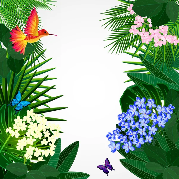 花柄背景です。熱帯の花、鳥. — ストックベクタ