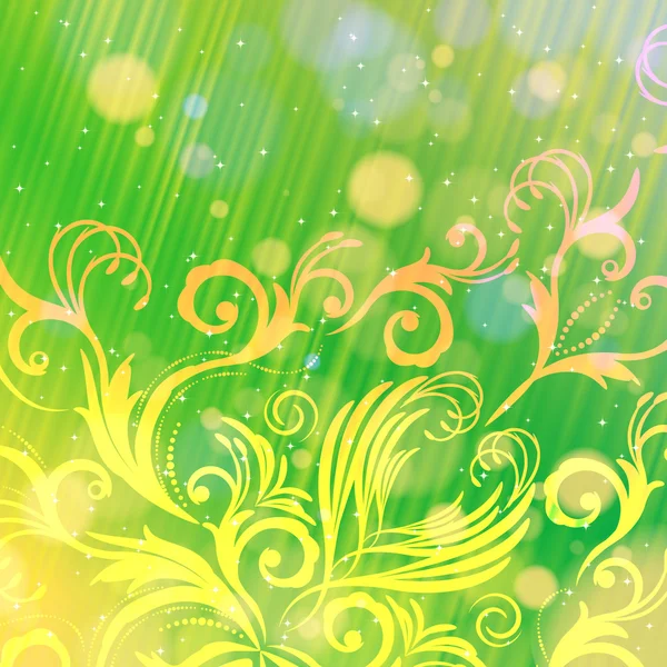 Abstract floral patroon op een groene achtergrond met bokeh. — Stockvector