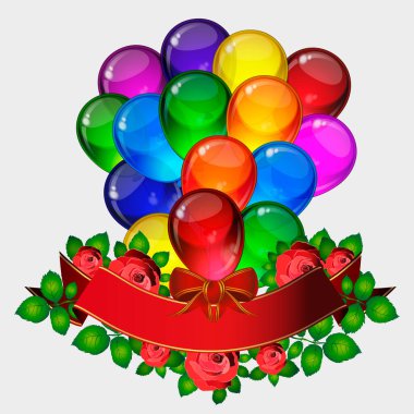 Doğum günü partisi vektör geçmişi - renkli şenlik balonları, gül çiçekleri, kutlama kartı için uçan kurdeleler izole edilmiş beyaz arka planda senin için yer var.
