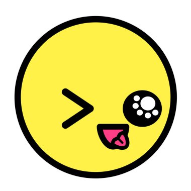 Düz kawaii emoji surat. Sevimli komik çizgi film karakteri. Basit çizgi sanat ifadeleri web simgesi. Duygusal Çıkartma. Vektör grafik illüstrasyonu.