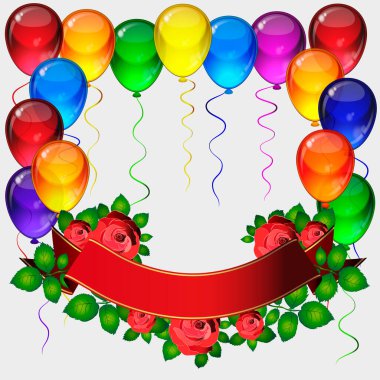 Doğum günü partisi vektör geçmişi - renkli şenlik balonları, gül çiçekleri, kutlama kartı için uçan kurdeleler izole edilmiş beyaz arka planda senin için yer var.