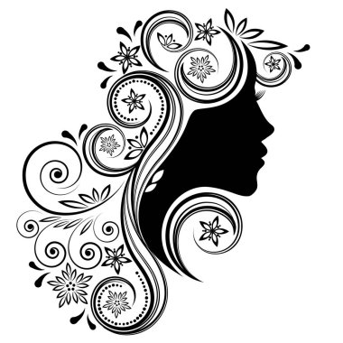 Zarif saç stiline sahip güzel kadın profili siluetleri, vektör genç bayan yüz tasarımı, stil saçlı güzel kız kafası, moda bayan grafik portresi.