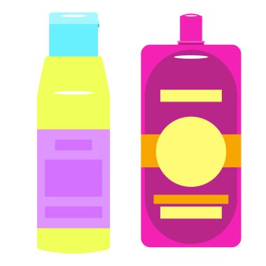 Plastik kozmetik şişeler ve tüpler. Krem için kavanozlar, şampuan, beyaz arka planda izole edilmiş kozmetik ürünler. Vektör illüstrasyonu. 