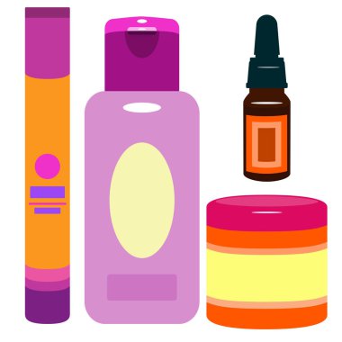 Plastik kozmetik şişeler ve tüpler. Krem için kavanozlar, şampuan, beyaz arka planda izole edilmiş kozmetik ürünler. Vektör illüstrasyonu. 