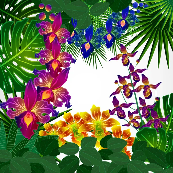 Tropik çiçekler ve yapraklar. çiçek tasarım arka plan. — Stok Vektör