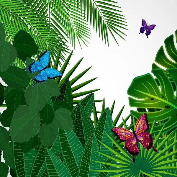Hojas tropicales con mariposas. Fondo de diseño floral . — Vector de stock