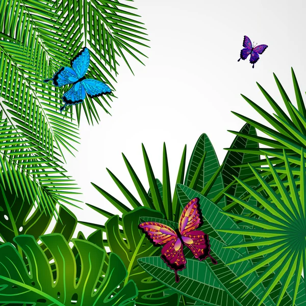 Hojas tropicales con mariposas. Fondo de diseño floral . — Vector de stock