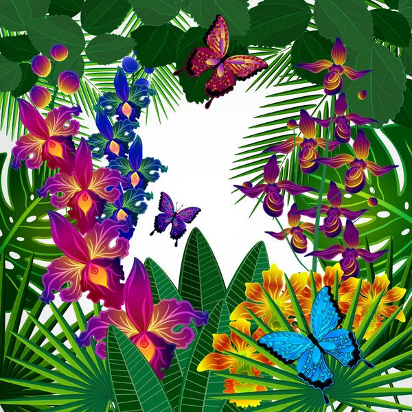 花柄のデザインの背景。熱帯蘭の花、葉、bu — ストックベクタ