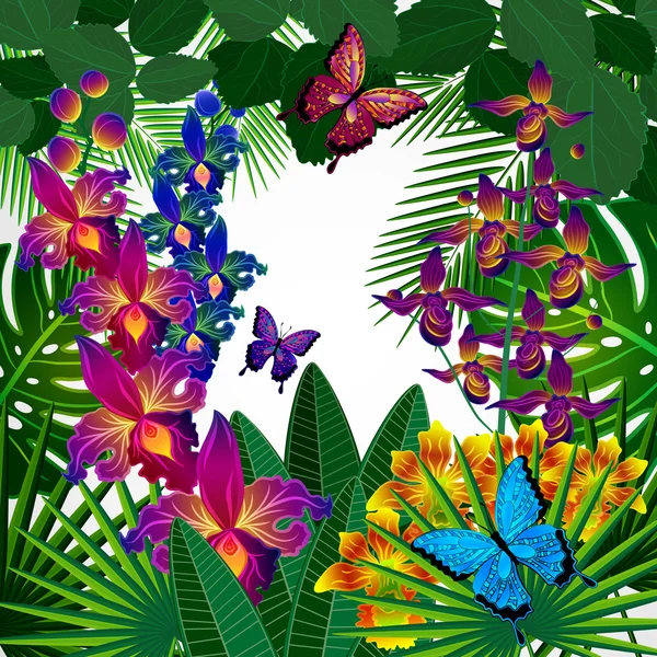 Fundal de design floral. Orhidee tropicale flori, frunze și bu — Vector de stoc