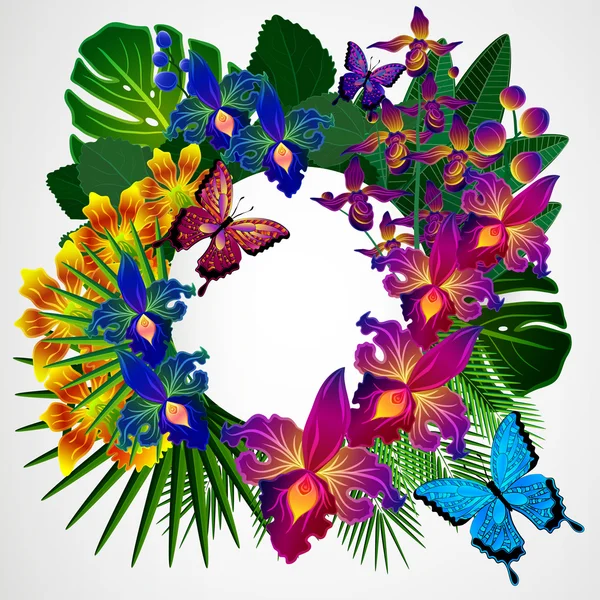 Цветочный дизайн фона. Тропические цветы орхидеи, листья и бу — стоковый вектор