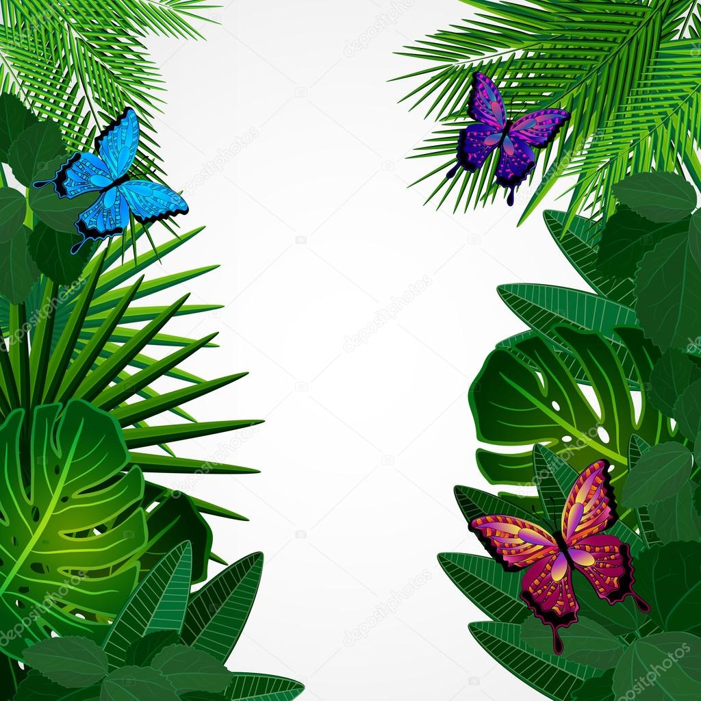 Tropical leaves with butterflies. Floral design background.