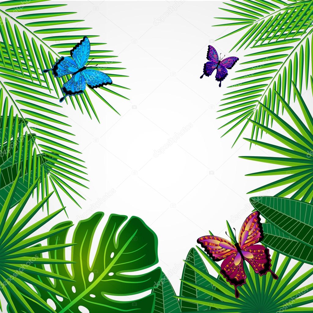 Tropical leaves with butterflies. Floral design background.