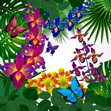 çiçek tasarım arka plan. tropikal orkide çiçekler, yapraklar ve BÜ