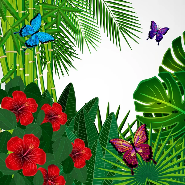 Kelebekler ile tropikal çiçek tasarım arka plan. — Stok Vektör