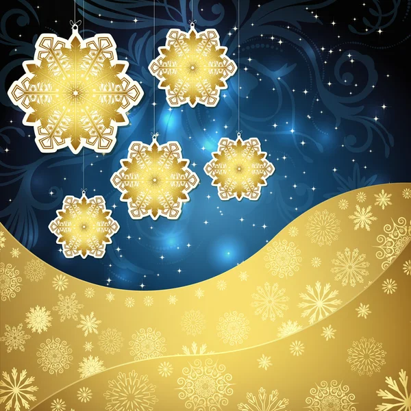 Goldene Schneeflocken und frostige Muster auf dunkelblauem Hintergrund. — Stockvektor