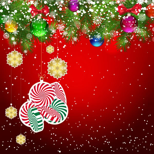 Fondo de Navidad con ramas de árbol de Navidad decoradas con — Vector de stock